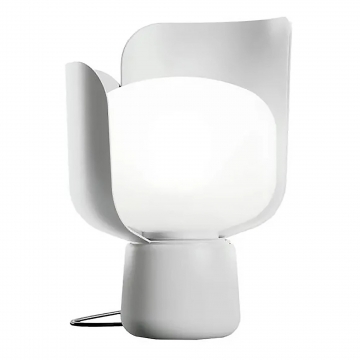Fontana Arte - Blom Tischleuchte - weiß/Polyethylen opalin milchweiß/H 24cm/Ø 15cm/Kabel transparent mit Schalter/Gestell Aluminim mit Petalen Polycar